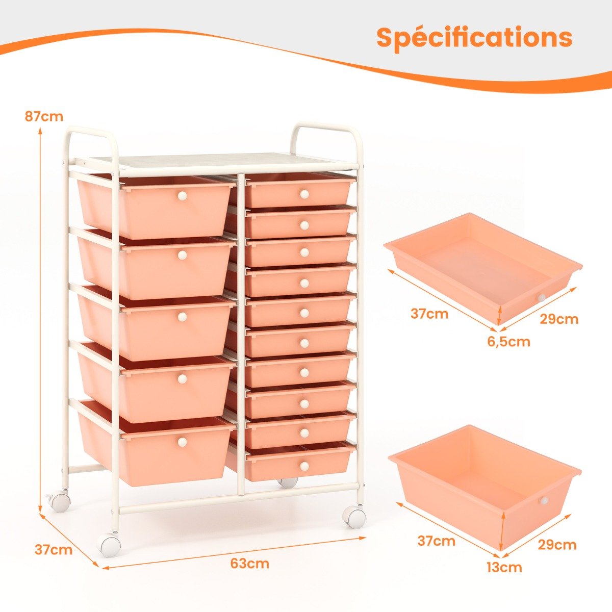 Carrinho Organizador Multiuso com 15 Gavetas e Rodízios - Cor Pêssego