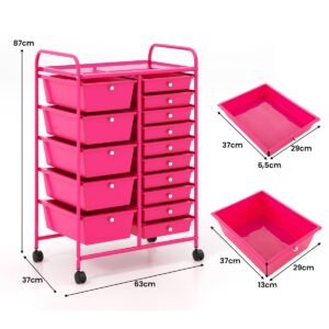 Carrinho Organizador Multiuso com 15 Gavetas e Rodízios - Rosa