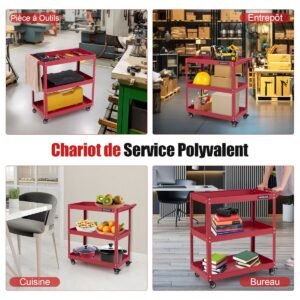 Carrinho de ferramentas com 3 níveis, prateleiras espaçosas, 4 rodas universais e 2 freios - Vermelho