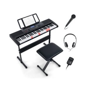 Conjunto completo de piano digital com teclado eletrônico de 61 teclas, suporte e banqueta. Inclui 600 timbres, 400 ritmos e 50 demos.