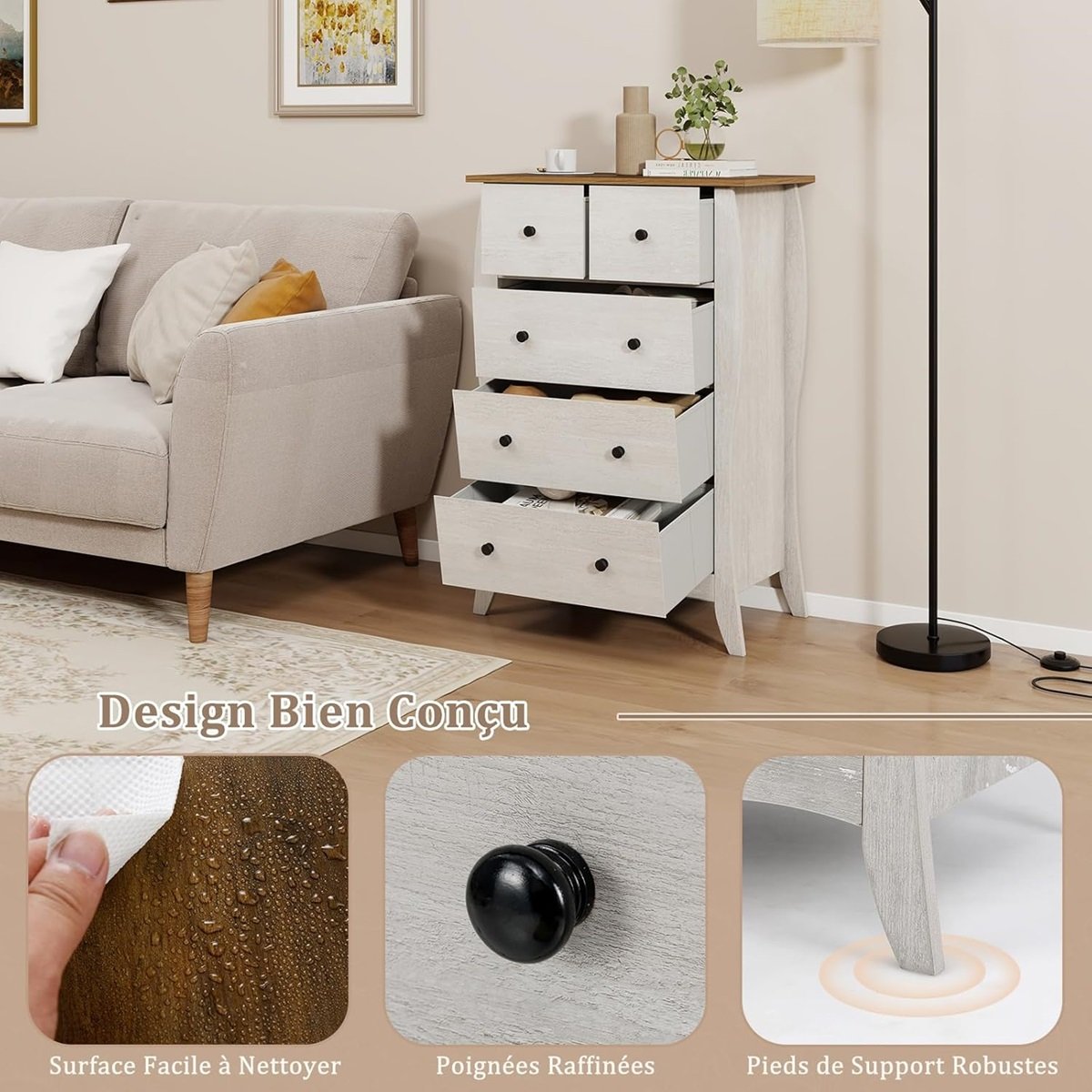 Cômoda estilo fazenda com 5 gavetas dobráveis em tecido e kit antitombamento - Cinza - Image 2