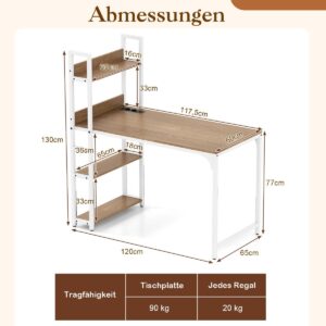 Mesa de computador com régua de tomadas, 120 cm, com estante, tomadas, porta USB-A e porta Type-C, nas cores natural e branca.