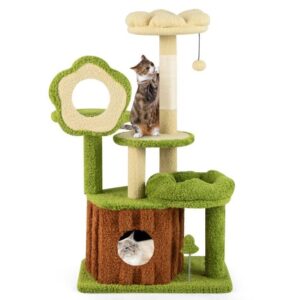 Árvore para gatos fofa para gatos adultos com casinha no tronco e poleiro em forma de flor - Verde