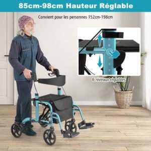 Andador Rollator 2 em 1 com Alça Dobrável Ajustável e Espaço de Armazenamento - Azul