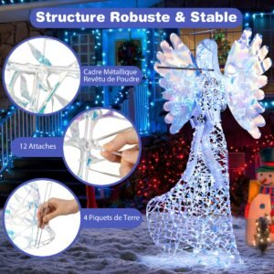 Anjo de Natal Luminoso de 1,58 m com Auréola Brilhante e Flauta, 250 LEDs, Presilhas para Cabo e Estacas, Decoração de Natal Branca