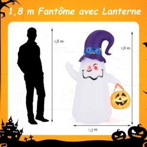 Decoração inflável de Halloween de 180 cm: Fantasma fofo com lanterna de abóbora e chapéu de bruxa, 5 luzes LED reguláveis ​​(brancas).