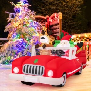 Papai Noel inflável em carro conversível com decoração natalina de LED, incluindo trenó e caixa de presente.