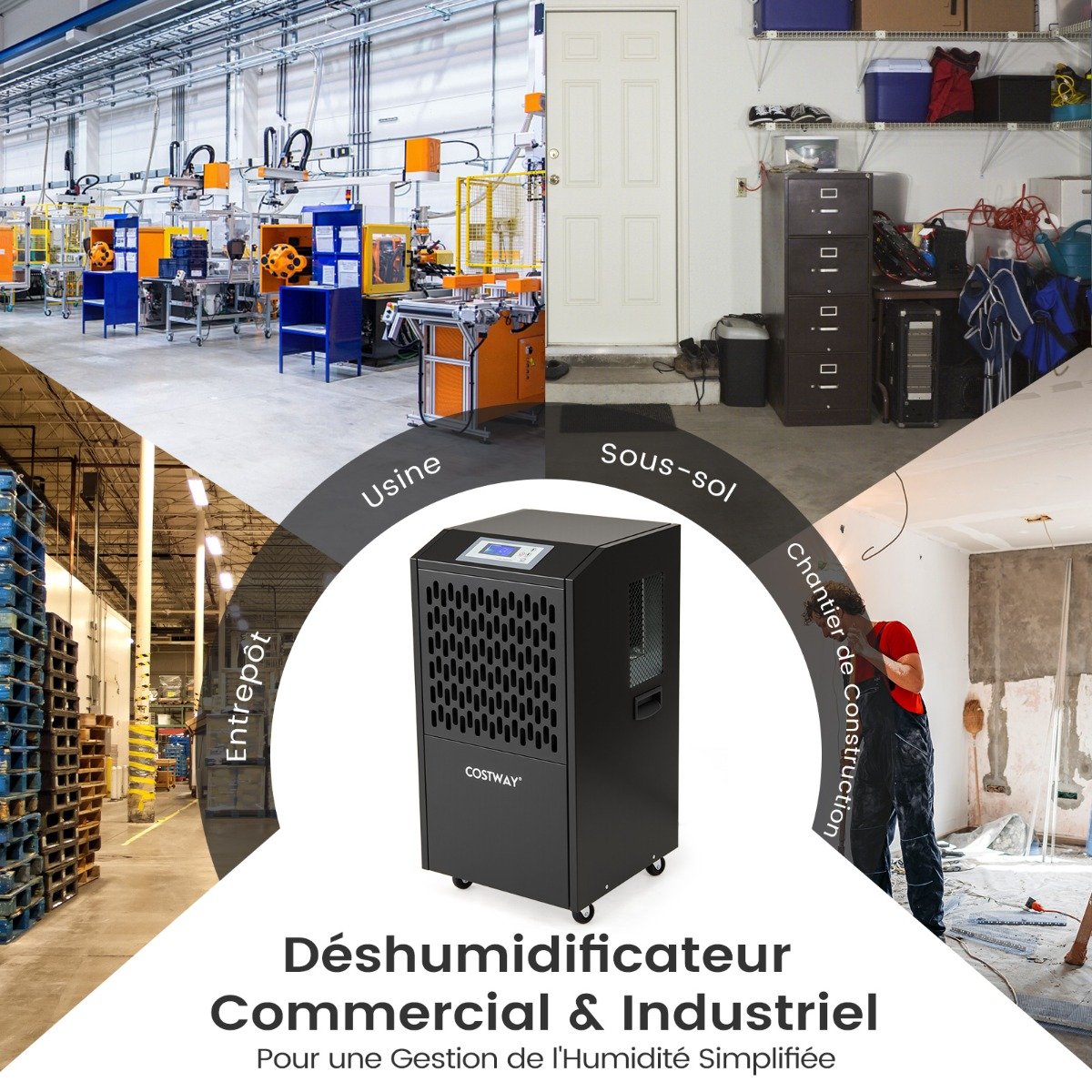 Desumidificador comercial para construção civil, capacidade de 118 L/dia, com mangueira de drenagem, temporizador de 24 horas e 4 rodas, na cor preta. - Image 3