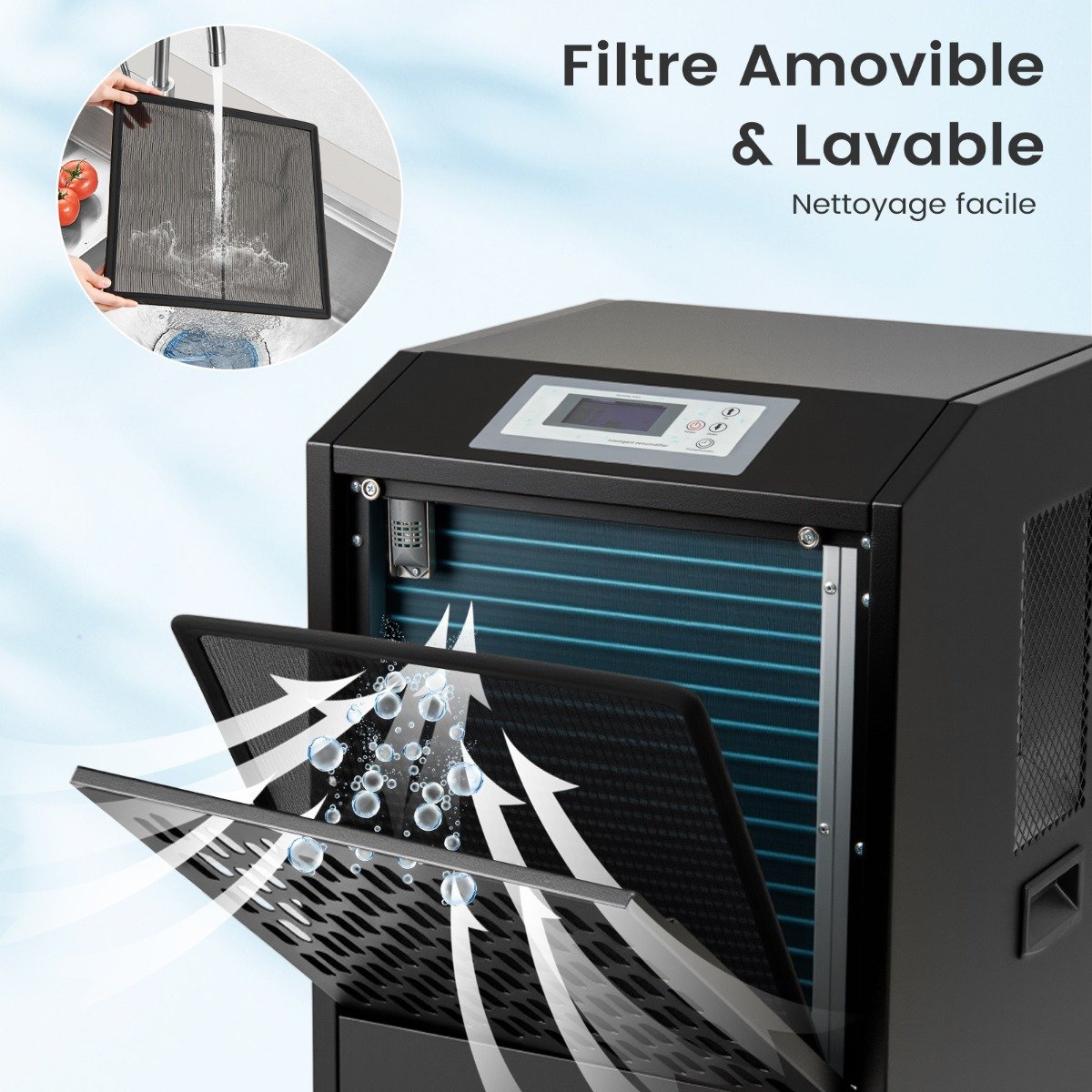 Desumidificador comercial para construção civil, capacidade de 118 L/dia, com mangueira de drenagem, temporizador de 24 horas e 4 rodas, na cor preta. - Image 2