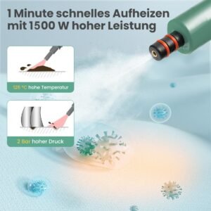 Limpador a vapor portátil pressurizado de 1400 W com vapor contínuo ilimitado e reservatório de água de 400 ml, na cor verde.