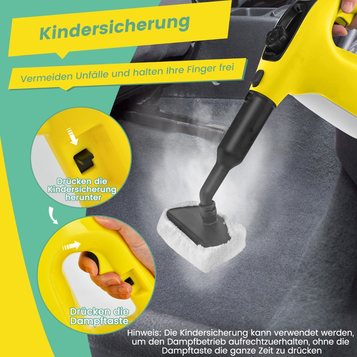 Limpador a vapor portátil pressurizado de 1400 W com vapor contínuo ilimitado e reservatório de água de 400 ml, cor amarela. - Image 2
