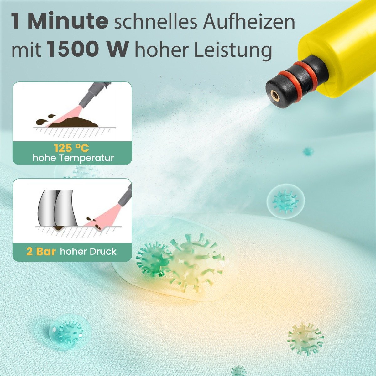 Limpador a vapor portátil pressurizado de 1400 W com vapor contínuo ilimitado e reservatório de água de 400 ml, cor amarela.