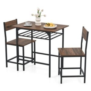 Conjunto de mesa de jantar retangular de madeira com 3 peças e cadeiras para 2 pessoas - Marrom