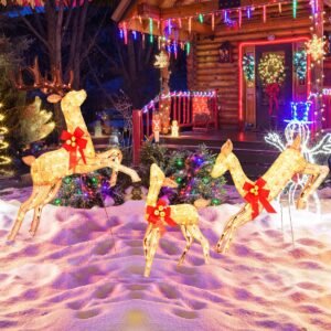 Conjunto de 3 renas natalinas iluminadas com 255 luzes brancas quentes para decoração de Natal.