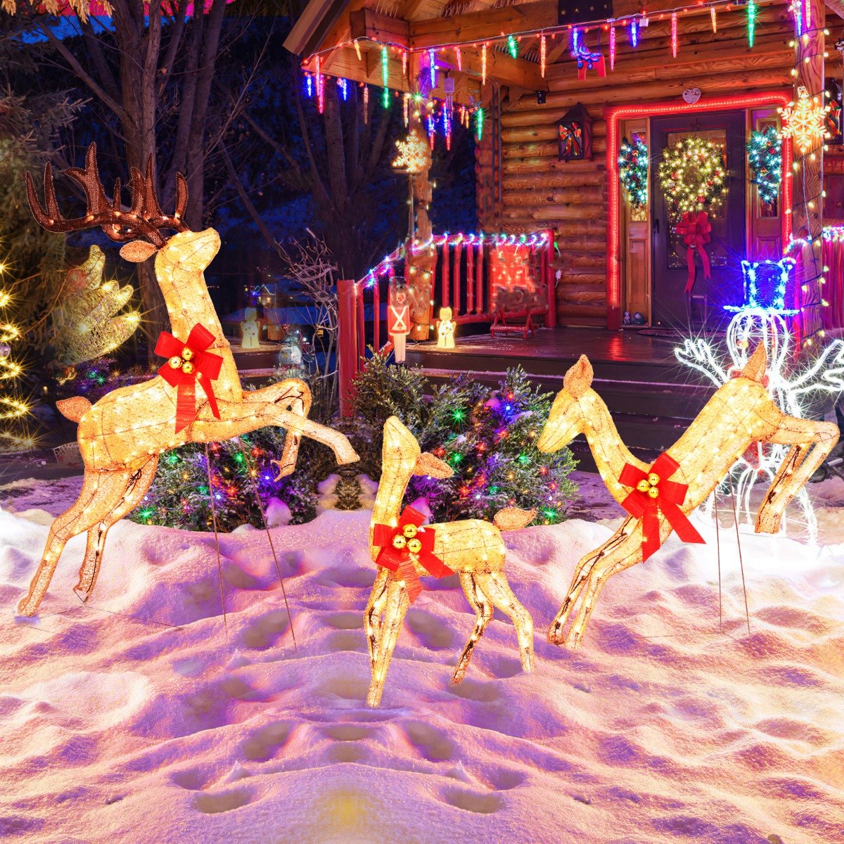 Conjunto de 3 renas natalinas iluminadas com 255 luzes brancas quentes para decoração de Natal.