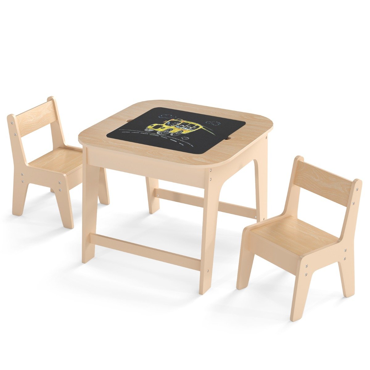 Conjunto de mesa infantil com 2 cadeiras, 3 unidades, em madeira com tampo de mesa de dupla face, cor natural. - Image 2