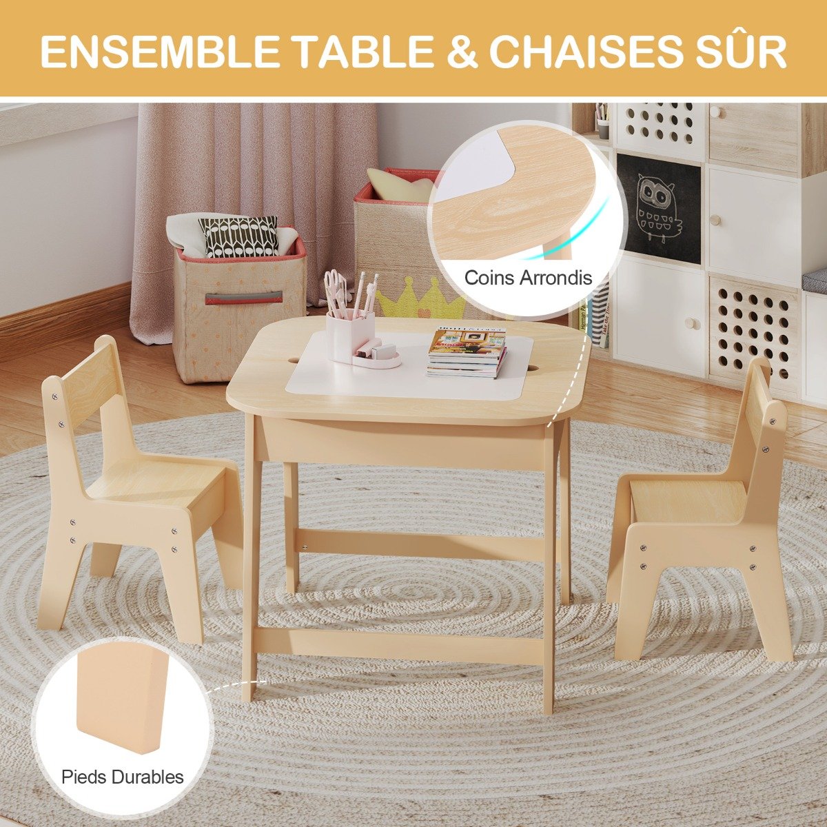 Conjunto de mesa infantil com 2 cadeiras, 3 unidades, em madeira com tampo de mesa de dupla face, cor natural. - Image 3