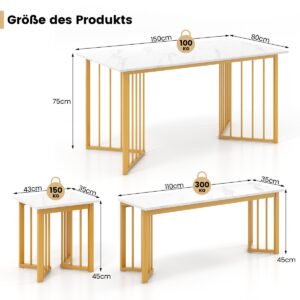 Conjunto de jantar de 4 peças com 2 cadeiras, mesa e banco. Conjunto de mesa de jantar moderna em mármore branco e dourado.
