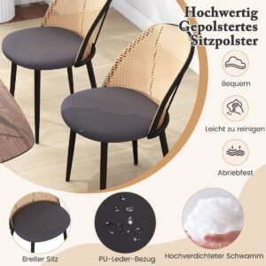 Conjunto de 2 cadeiras sem braços com encosto vazado em rattan, assento acolchoado e pés de metal afilados, para sala de estar ou restaurante, na cor cinza.