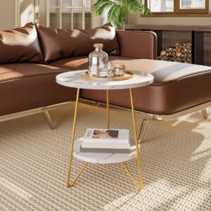 Mesa lateral feita de mesa de barro de mármore de mármore, com dois níveis e prateleiras