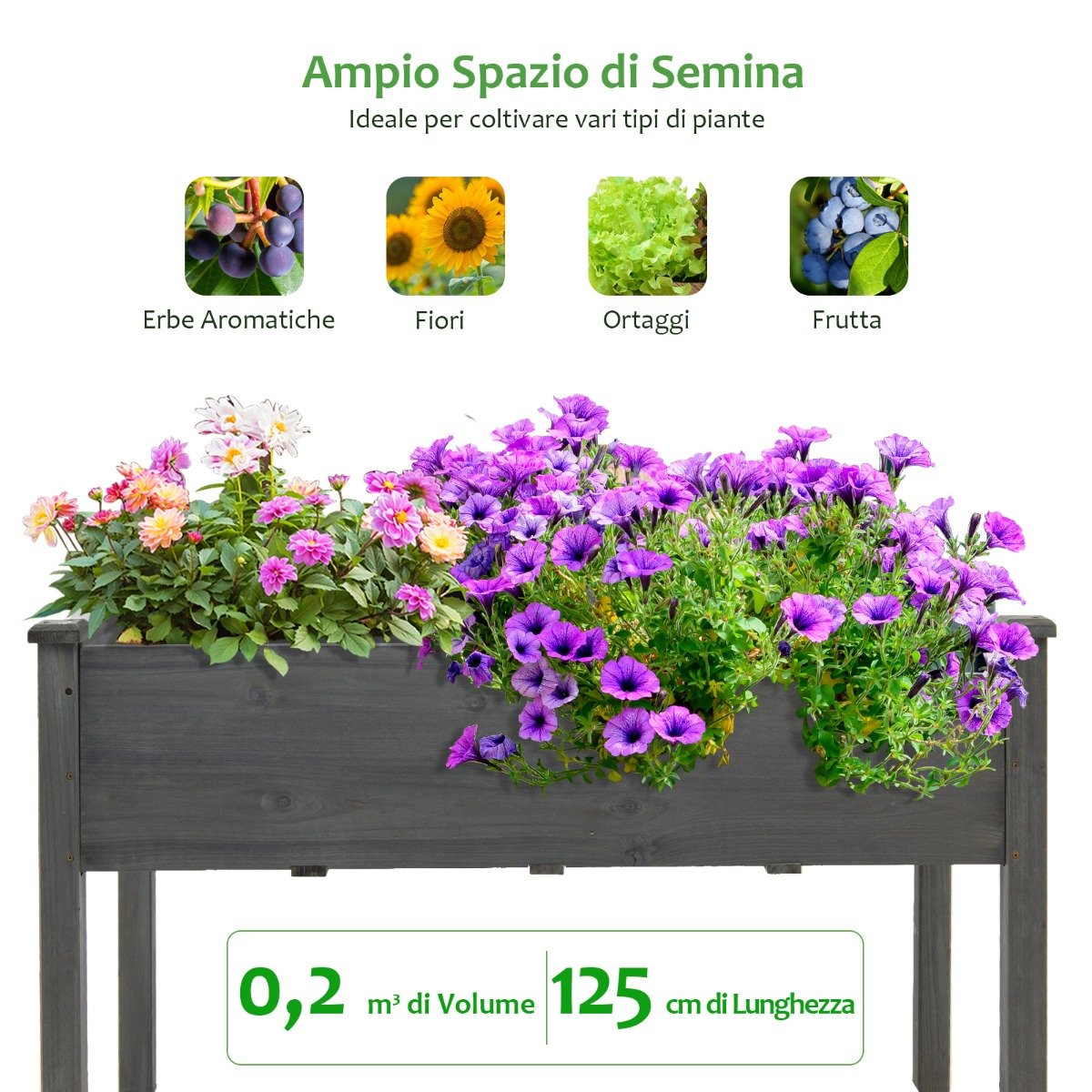 Jardineira elevada em madeira de abeto com furos de drenagem, ideal para frutas, flores e vegetais. Dimensões: 125 x 59 x 76 cm. Cor: Cinza. - Image 3