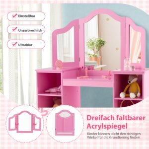 Conjunto de penteadeira e cadeira infantil com espelho dobrável triplo removível - branco