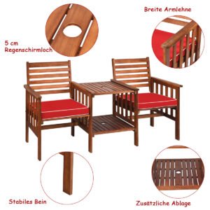 Conjunto de mesa e cadeiras para área externa, 3 peças, em madeira de acácia, modelo sofá de dois lugares - Vermelho