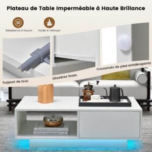 Mesa de centro contemporânea com luzes LED em 20 cores, 95x55x31 cm, mesa para sala de estar com gaveta grande e compartimento, branca.