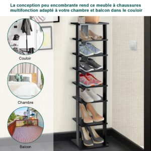 Sapateira de madeira com 8 prateleiras, organizador de sapatos vertical, 27,5 x 26,5 x 110 cm, preta.