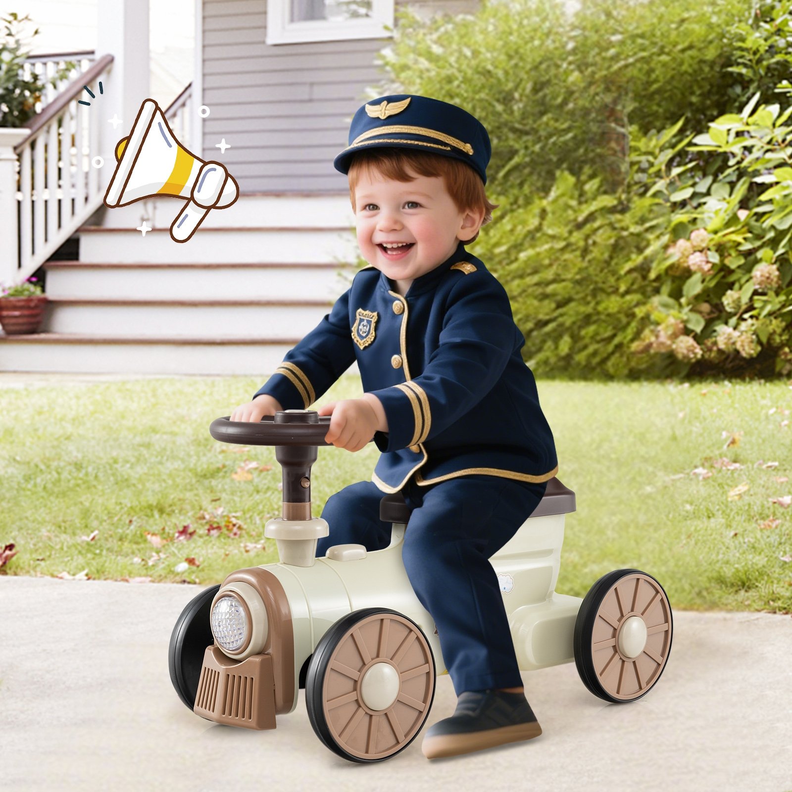 Carrinho de passeio em formato de trem com botão de som e compartimento de armazenamento - Bege - Image 2