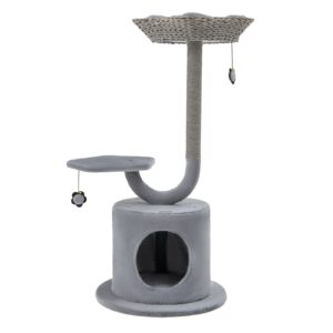 Torre para gatos de 107 cm de altura com estrutura de suporte metálica curvada para gatos de grande e pequeno porte - Cinza