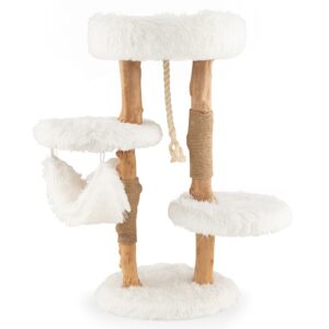 Torre para gatos em madeira maciça com postes de juta para arranhar e corda para pendurar, ideal para gatos de interior.