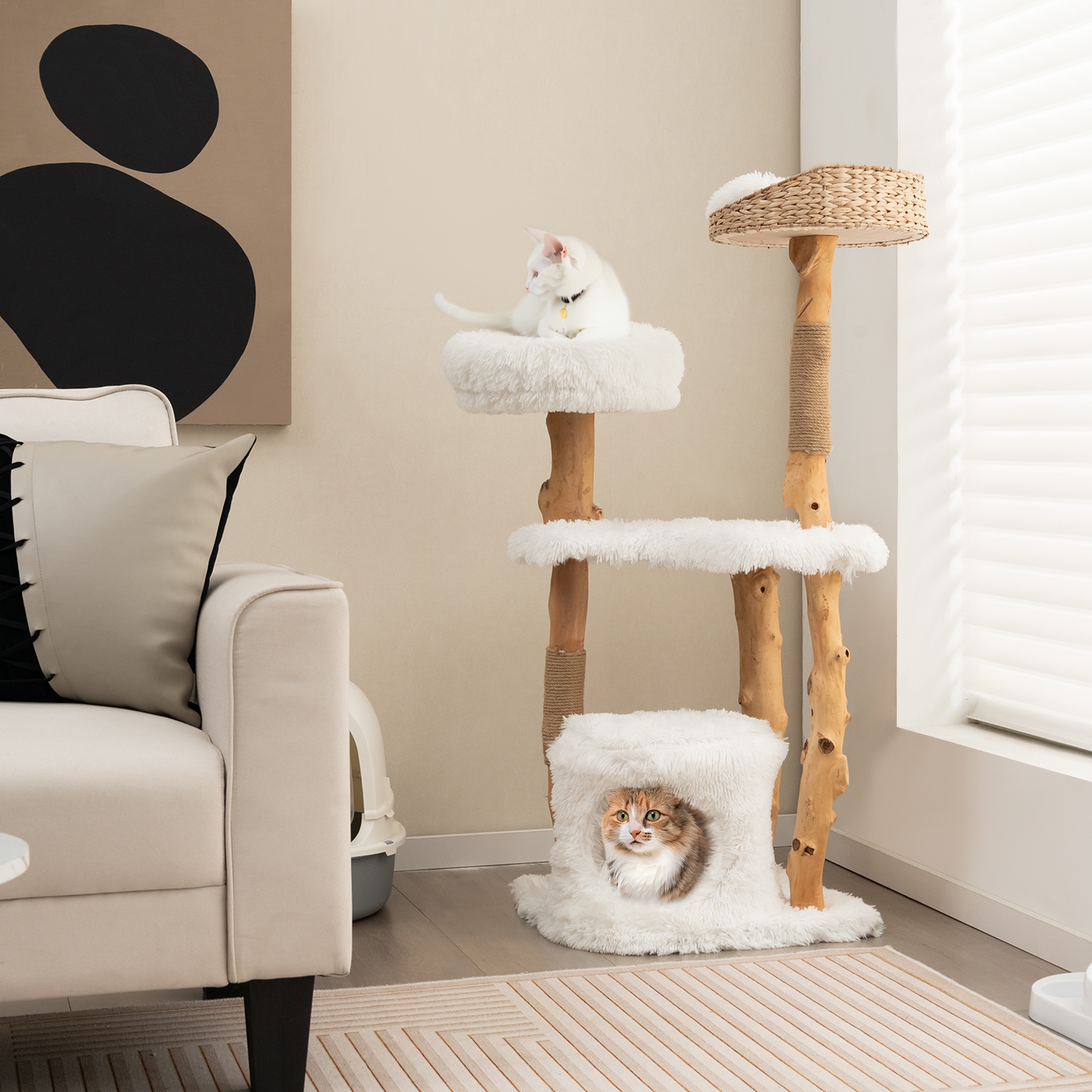 Torre para gatos em madeira maciça com cama em forma de cesta de junco no topo, ideal para gatos de interior - Branca - Image 2