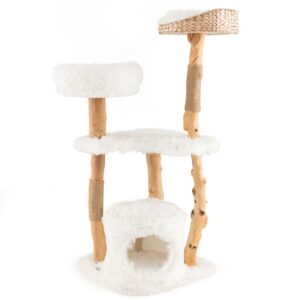 Torre para gatos em madeira maciça com cama em forma de cesta de junco no topo, ideal para gatos de interior - Branca