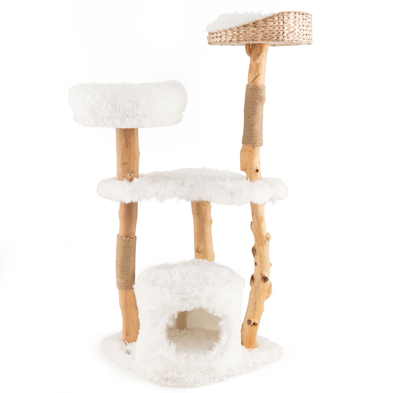 Torre para gatos em madeira maciça com cama em forma de cesta de junco no topo, ideal para gatos de interior - Branca