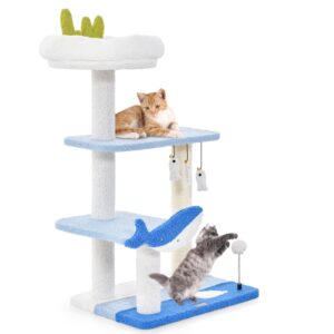 Torre para gatos de 3 níveis com postes arranhadores revestidos de sisal - Azul