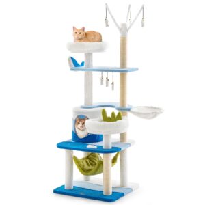 Torre para gatos de vários níveis com postes arranhadores revestidos de sisal - Azul