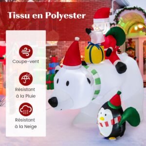 Urso Polar Papai Noel inflável de 210 cm com pinguim e caixa de presente, figura natalina com iluminação interna de LED.