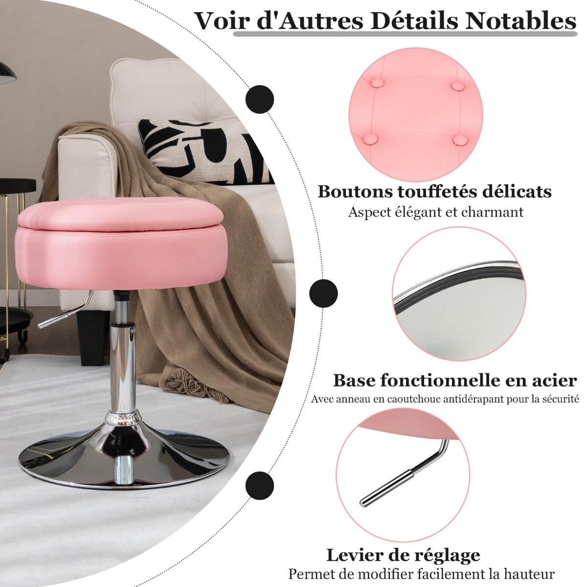 Banco giratório ajustável 360° com assento de couro PU - branco - Image 3