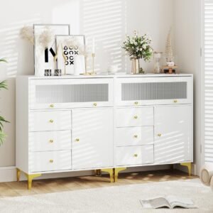 Cômoda com 3 gavetas e 2 portas. Aparador com porta de vidro dobrável. 80 x 40 x 95,5 cm. Branco.