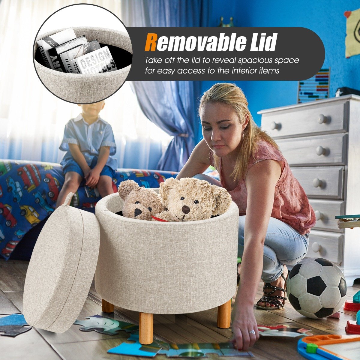 Pufe moderno redondo acolchoado com espaço de armazenamento oculto - cinza - Image 3