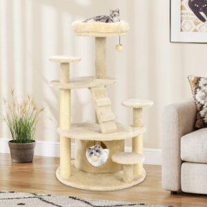 Torre para gatos adultos, árvore de escalada de vários níveis com assento acolchoado em forma de caverna, bege.