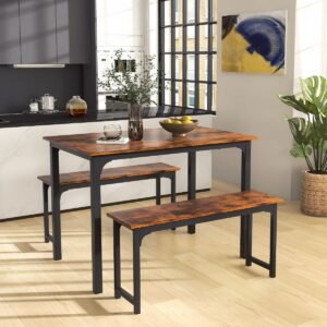 Conjunto de mesa de jantar com 3 peças e 2 bancos para sala de jantar, cozinha ou bar - Marrom