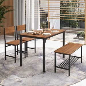 Conjunto de mesa e cadeiras estilo industrial com 2 cadeiras e 1 banco para sala de jantar, cor marrom.