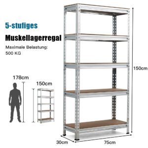Estante de aço com 5 prateleiras para armazenamento, resistente e prateada.
