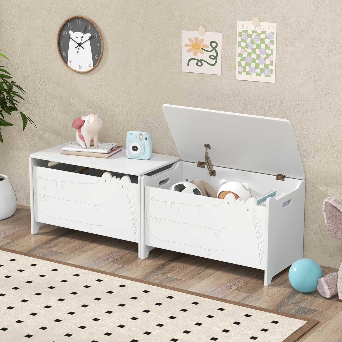 Baú de brinquedos infantil branco com dobradiça de segurança, em madeira. - Image 2