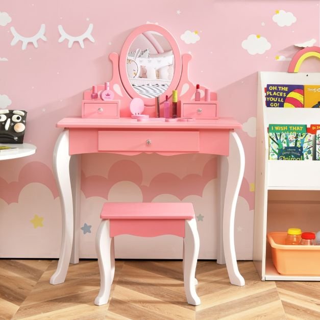 Conjunto de penteadeira e cadeira infantil com espelho giratório removível - Rosa - Image 2