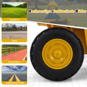 Carrinho elétrico infantil Caterpillar 12V com caçamba basculante, pá de areia, caçamba basculante e megafone.