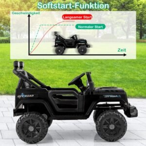 Caminhão elétrico de brinquedo com controle remoto, rodas off-road e luzes de LED, preto.