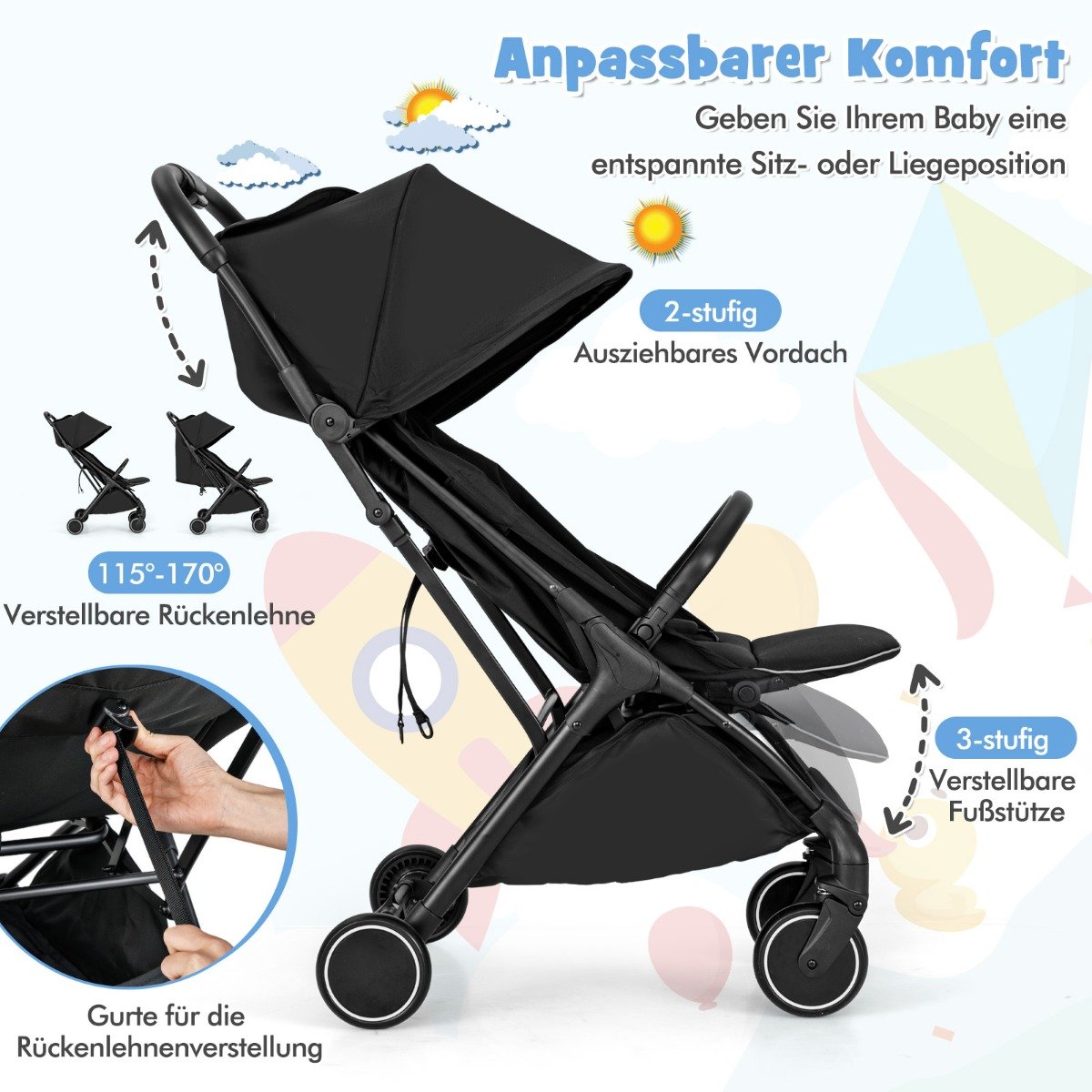 Carrinho de bebê tipo guarda-chuva ultracompacto com estrutura de alumínio, cinto de segurança de 5 pontos, adequado para crianças de 0 a 36 meses, preto.